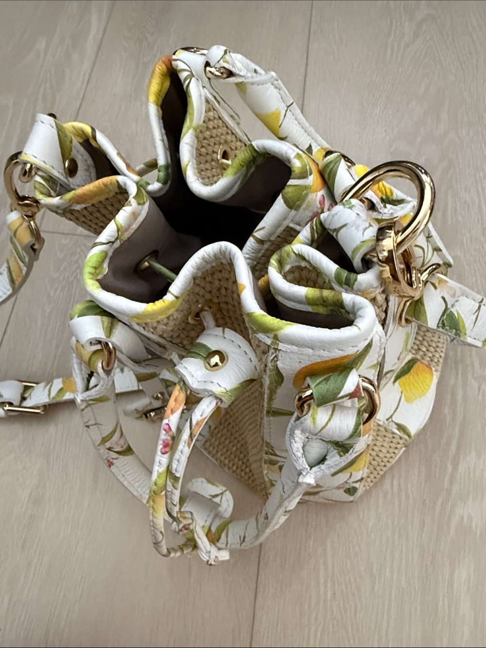 Valentina White Lemon-Print Bucket Shoulder Bag with Natural Straw Panels - Picture 15 of 16